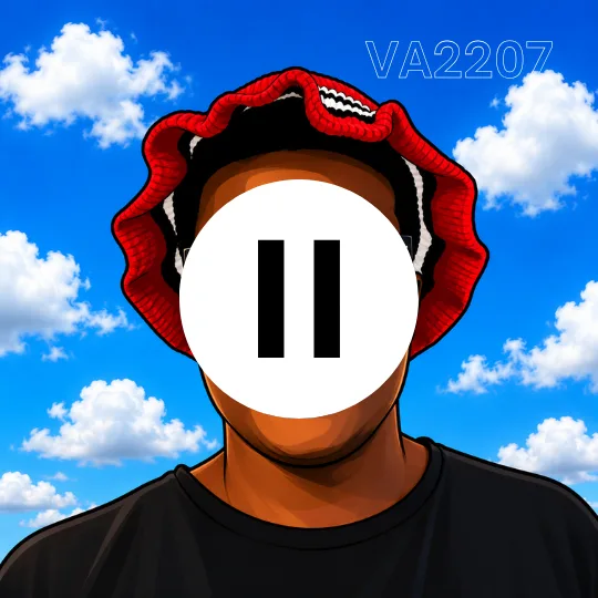 VA2207 — illustrated portrait with red bucket hat and pause-button face against a blue sky